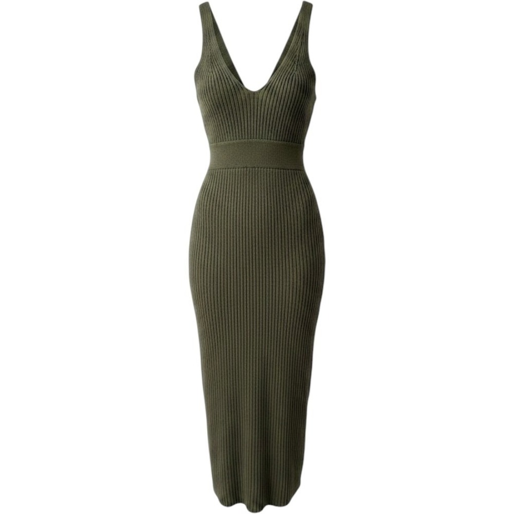 MOD REF Ribbed Knit Midi Dress Womens Olive Green V-Neck Sleeveless Size S